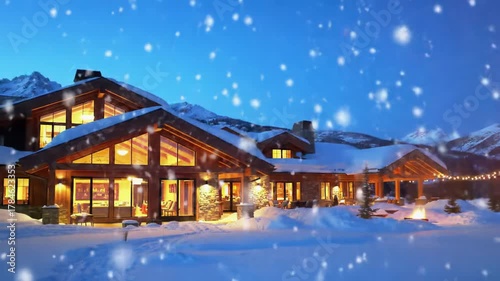 Wallpaper Mural Slow cinematic drone video of a luxurious, elegantly lit alpine lodge in pristine snow-covered mountains under deep indigo twilight, with sparkling snowflakes and warm golden glow, evoking an Torontodigital.ca