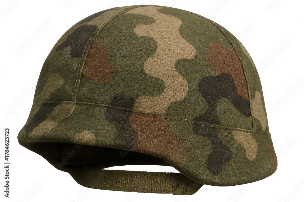 Obraz premium Military helmet with camouflage pattern, providing head protection for soldier and combat personnel, isolated with transparent background