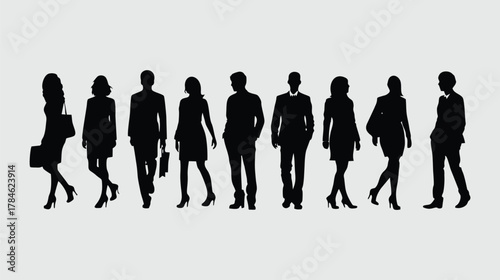 Silhouettes of business people walking in a row on a white background.