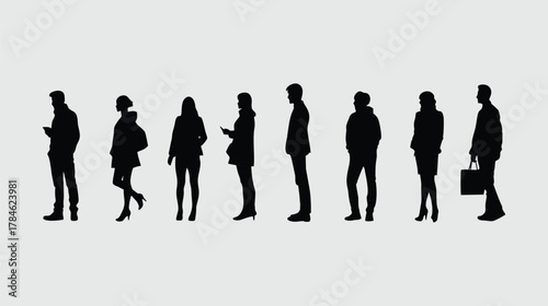 A collection of black silhouettes of various men and women standing in a row against a light gray background.