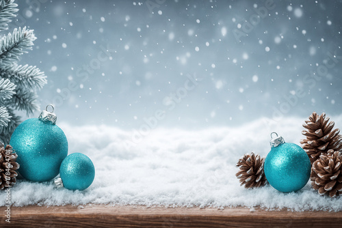 Composizione invernale con palline natalizie turchesi, pigne e neve. Generative AI
