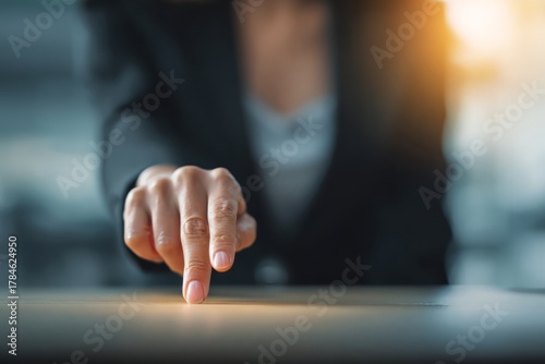 A businesswoman taps her finger on the desk, expressing impatience while waiting for an explanation.