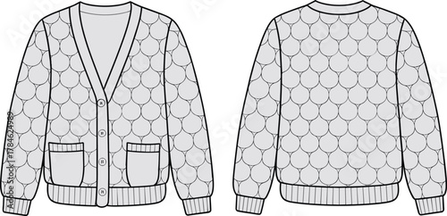 Cardigan sweater technical sketch, front and back view, fashion design, garment blueprint, button-down knitwear, apparel template, textile pattern, clothing illustration