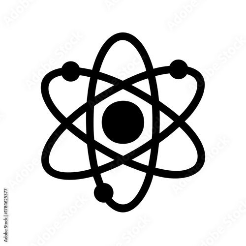 Black and white vector icon depicting an atom structure with orbiting electrons
