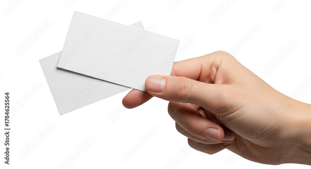 Obraz premium Hand holding blank white business cards isolated on transparent background