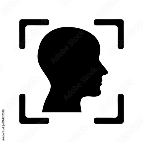 Face detection icon with head silhouette and focus box on white background