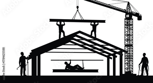 Construction site silhouette, workers assembling building, crane lifting beam, teamwork on roof, industrial structure, engineering, labor, safety, architecture, infrastructure