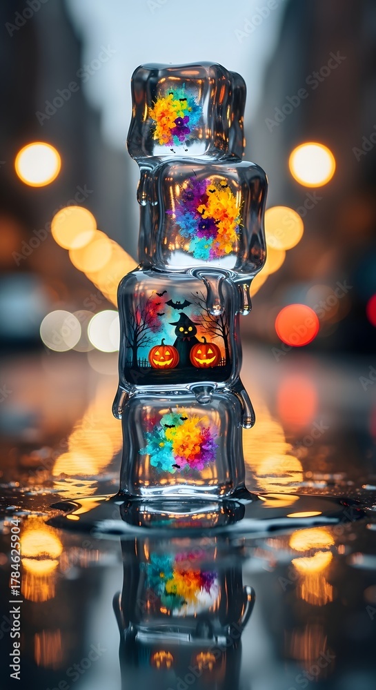 Naklejka premium Stacked ice cubes with halloween and rainbow designs on a wet surface with blurred lights behind