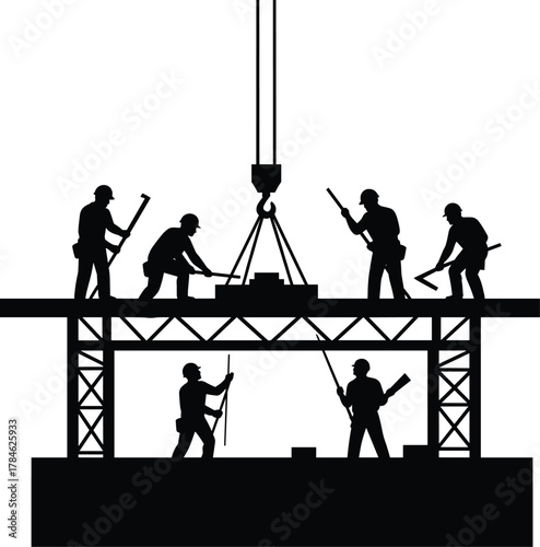 Construction site silhouette, workers building structure, crane lowering load, teamwork with tools, industrial labor, architecture, engineering, safety, infrastructure, development