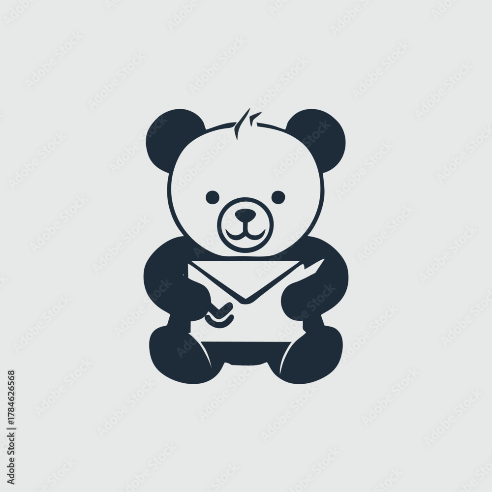 Obraz premium Illustration of a bear holding an envelope, cartoon style, on a light gray background.
