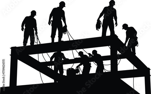 Construction workers on steel framework, silhouette scene, high-rise building, teamwork, safety gear, engineering labor, architecture, welding, structure, industrial site