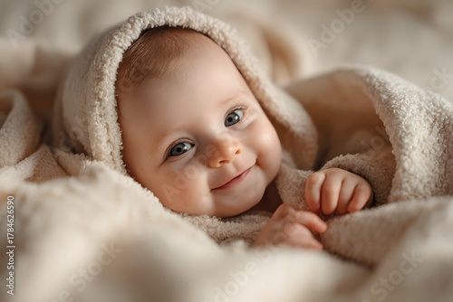 A smiling baby peeks from a soft blanket while resting comfortably.