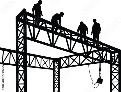 Construction workers on steel beams, silhouette scene, industrial framework, teamwork, safety gear, architecture, engineering, labor, building site, infrastructure development