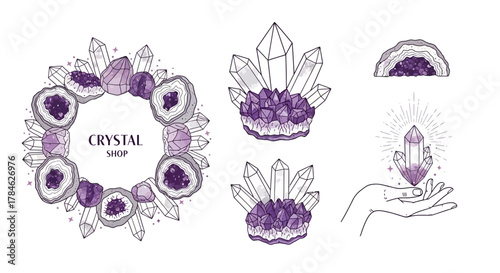 Elegant Crystal Healing Vector Elements, geode wreath and crystal cluster for metaphysical branding