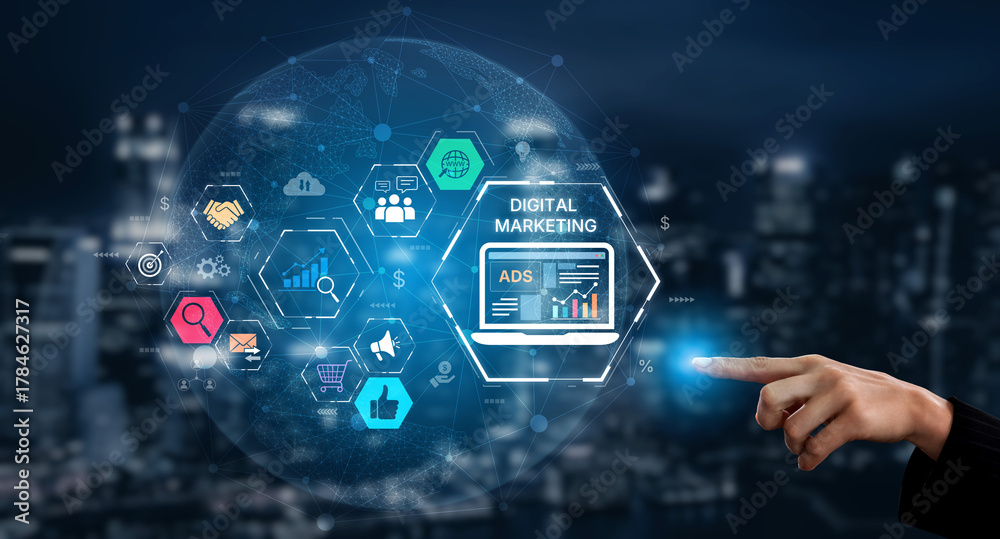 Obraz premium Online ads and digital marketing help brands grow. Content marketing builds engagement. Marketing tools boost ROI. Effective ads and marketing drive online business success. Spline