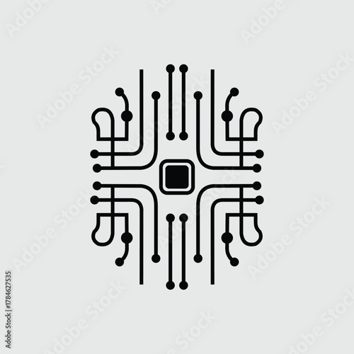 Abstract technological icon merging a human fingerprint with a computer chip and circuit board pathways.