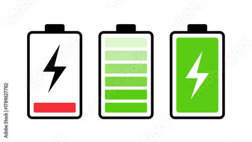 Battery icon vector set . Charge levels and a charging state illustration