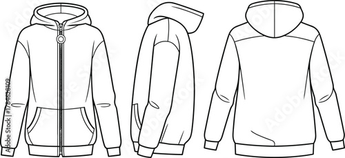 Hooded sweatshirt technical sketch, front side back view, fashion design, garment blueprint, zipper hoodie, clothing template, apparel illustration, casual wear