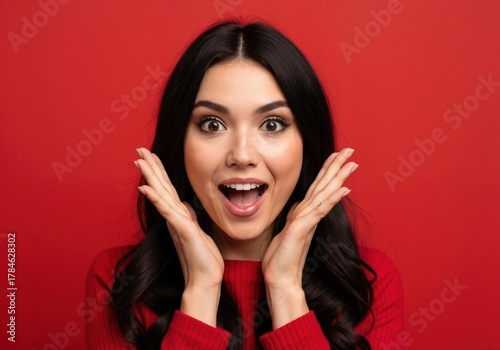 Surprised excited young woman with an open mouth and wow expression. Portrait of a happy brunette model on a red background for a sale or announcement
