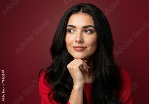 A thoughtful young woman with long dark wavy hair looking away. Portrait of a smiling brunette model with natural makeup on a red background. Beauty and skincare concept