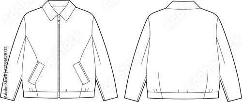 Jacket technical sketch, front and back view, zipper design, fashion illustration, garment blueprint, apparel template, clothing drawing, minimal style