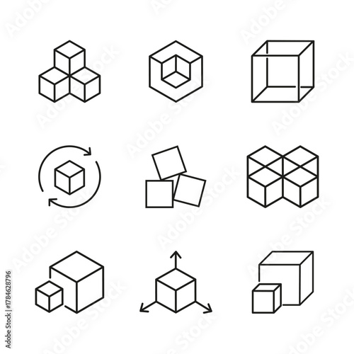 Abstract vector illustration of stacked cubes. Futuristic Qubit Cubes Vector for Quantum Computing Concepts. Sugar cubes icon ‍set vector. Box icon set in line style. Vector illustration
