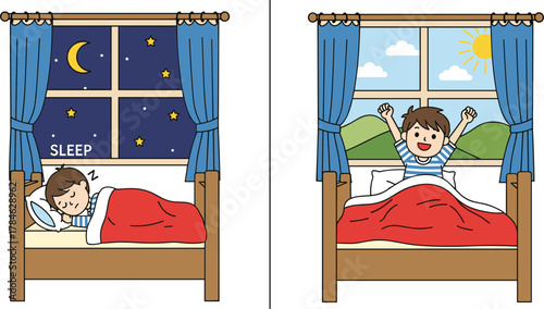 Child sleeping and waking up, night and morning routine, bed time, sunrise, cartoon illustration, sleep cycle, daily habit, window view