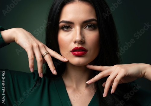 A beauty portrait of a woman with red lipstick and perfect skin. Elegant model with black hair framing her face with manicured hands and a gold ring. Fashion and cosmetics concept