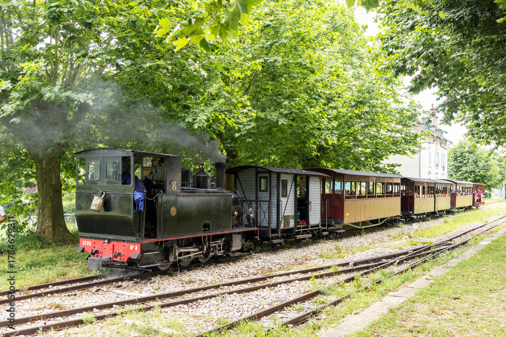 Fototapeta premium Vintage steam train traveling along railway track in Bligny sur Ouche