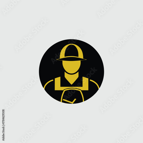 A minimalist golden icon of a construction worker wearing a hard hat and safety vest, set against a black circular background.