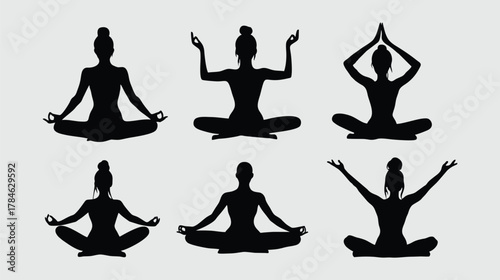 Silhouettes of women in various yoga poses, sitting in meditation.