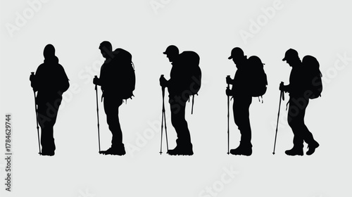 Silhouettes of hikers with backpacks and trekking poles in various poses against a light gray background.