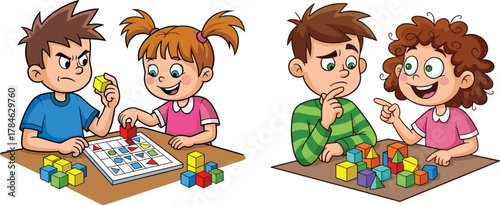 Children playing educational block games, learning shapes, problem solving, teamwork and creativity, kids activity, fun classroom, cartoon illustration, education concept