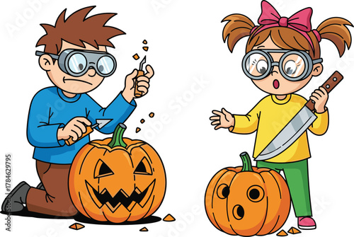 Funny cartoon kids carving Halloween pumpkins with knives, wearing safety goggles, cute pumpkin faces, Halloween preparation, funny illustration art