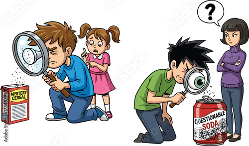Funny cartoon people inspecting food and drink with magnifying glass, mystery cereal and questionable soda, humorous illustration, safety concept art