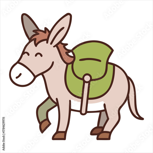 Happy donkey cartoon with green saddle is walking with smile on face perfect for kids illustrations and animal themed graphics art