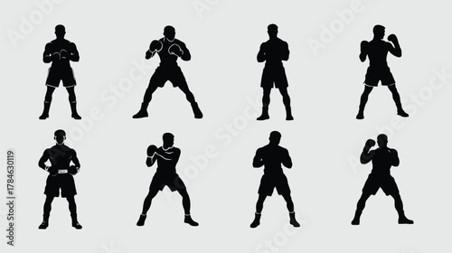 A collection of eight black silhouettes of a male boxer in various fighting stances and poses.