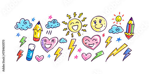 Bright cartoon doodle icons with transparent background