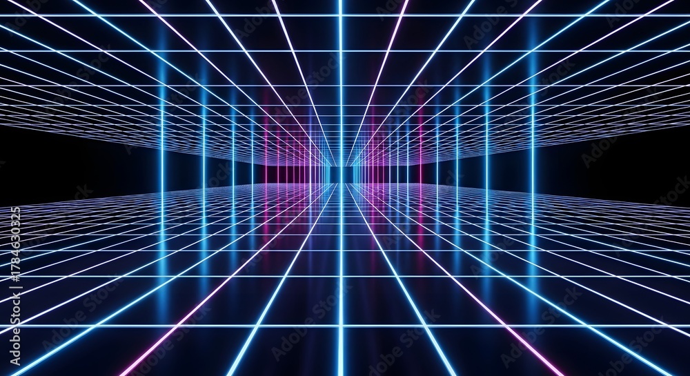Fototapeta premium Retrowave neon grid environment leading to a central vanishing point. Abstract futuristic digital background for virtual reality or metaverse spaces. Pink and blue glowing light lines