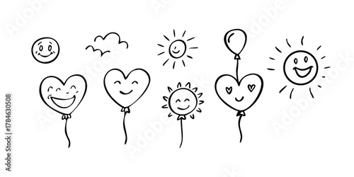 Cheerful sun hearts and balloons with smiley faces