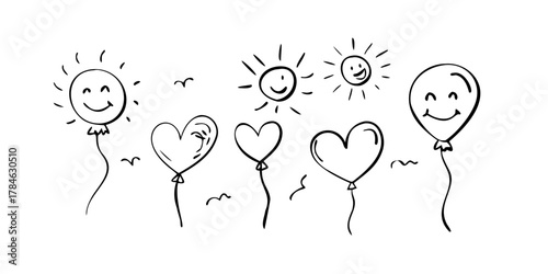 Cheerful sun with hearts and balloons smiley happy 1