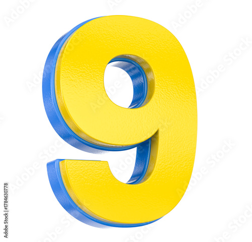 Vibrant yellow textured 3D number nine with deep blue edging, rendered in high resolution isolation.