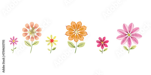 Collection of six stylized blooming flowers in various colors