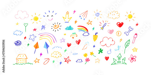 Colorful doodle collection of whimsical elements on white background