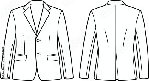 Men’s blazer technical sketch, front and back view, fashion design, garment blueprint, tailoring illustration, formal wear, clothing template, style