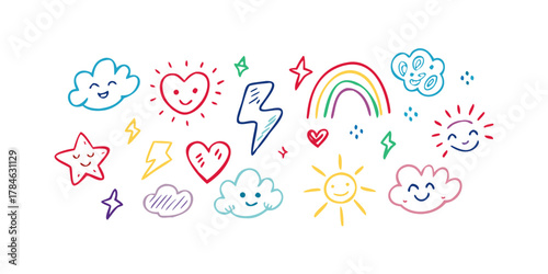 Colorful doodle icons of happy clouds sun rainbow and stars