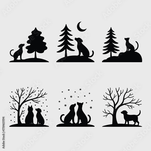 Night Christmas Scene Pet Silhouette Set 