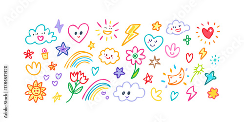 Colorful doodle icons with smiling sun and hearts vector