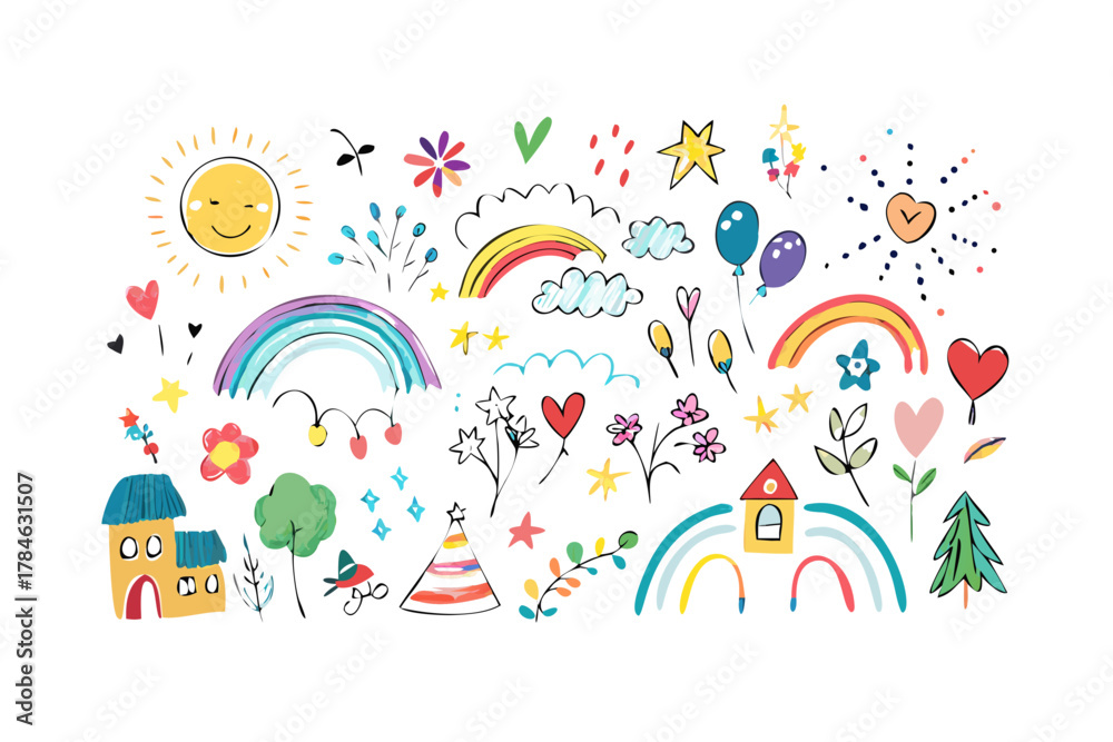 Obraz premium Colorful hand drawn doodle elements on white background 1