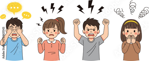Cartoon children expressing emotions—confusion, anger, frustration, anxiety—through gestures and symbols, standing side by side on white background